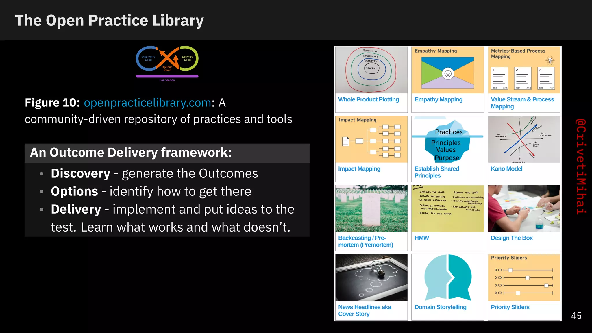 The Open Practice Library
Figure 10: openpracticelibrary.com: A
community-driven repository of practices and tools
An Outcome Delivery framework:
• Discovery - generate the Outcomes
• Options - identify how to get there
• Delivery - implement and put ideas to the
test. Learn what works and what doesn’t.
45
 