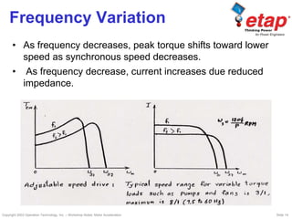 Copyright 2003 Operation Technology, Inc. – Workshop Notes: Motor Acceleration Slide 14
Frequency Variation
• As frequency decreases, peak torque shifts toward lower
speed as synchronous speed decreases.
• As frequency decrease, current increases due reduced
impedance.
 