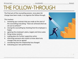 17
|
Moving On
Counselling Skills
MTL Course Topics
THE FOLLOW-THROUGH
The final acts of the counselling session, once plans for
change have been made, is to organise the follow-through.
This involves:
1. reviewing your contract that you made at the start of
the counselling and asking: "Have we achieved what we
set out to achieve?"
2. closing the counselling by checking that the employee is
happy
3. agreeing the employee's plans, targets and time-scales
4. fixing review sessions
5. making plans for further supportive action
6. informing everyone who needs to know about any
changes that you've agreed
7. considering how the relationship has changed
8. evaluating your own performance.
 
