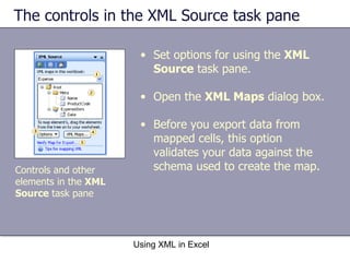 The controls in the XML Source task pane Set options for using the  XML Source  task pane. Open the  XML Maps  dialog box. Before you export data from mapped cells, this option validates your data against the schema used to create the map. Using XML in Excel Controls and other elements in the  XML Source  task pane 