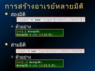 การสร้า งอาเรย์ห ลายมิต ิ


สองมิติ

<name> = new <type>[<dim1>,<dim2>];
<name> = new <type>[<dim1>,<dim2>];



ตัวอย่าง
int[,] Array2D;
int[,] Array2D;
Array2D = new int[3,5];
Array2D = new int[3,5];



สามมิติ
<name> = new <type>[<dim1>,<dim2>,<dim3>];
<name> = new <type>[<dim1>,<dim2>,<dim3>];



ตัวอย่าง
int[,,]
int[,,]
Array3D
Array3D

Array3D;
Array3D;
= new int[3,5,2];
= new int[3,5,2];

 