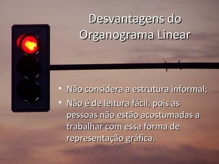 Desvantagens do
     Organograma Linear


• Não considera a estrutura informal;
• Não é de leitura fácil, pois as
  pessoas não estão acostumadas a
  trabalhar com essa forma de
  representação gráfica.
 