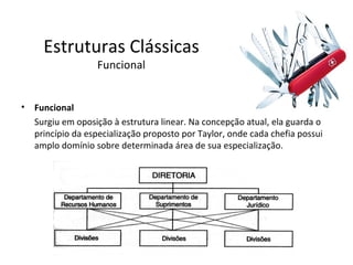 Estruturas Clássicas
                   Funcional


•   Funcional
    Surgiu em oposição à estrutura linear. Na concepção atual, ela guarda o
    princípio da especialização proposto por Taylor, onde cada chefia possui
    amplo domínio sobre determinada área de sua especialização.
 