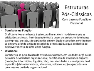 Estruturas
                                                   Pós-Clássicas
                                                   Com base na Função e
                                                        Divisional

• Com base na Função
  Graficamente semelhante à estrutura linear, é um modelo em que as
  atividades análogas, interdependentes se unem ao propósito dominante
  da empresa, ou seja, são agrupadas em um órgão especifico, constituindo-
  se em uma grande unidade setorial da organização, a qual se dedica ao
  desenvolvimento de uma única função.
• Divisional
  Caracteriza-se pela divisão da estrutura existente, em unidades orgâ-nicas
  de maior flexibilidade organizacional, constituída de atividades díspares
  (produção, informática, logística, etc), mas vinculadas a um objetivo final
  específico (eletrodomésticos, alimentos, veículos, etc) e agrupadas em
  uma mesma unidade organizacional.
 