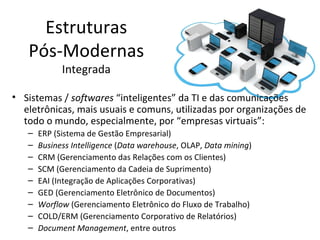 Estruturas
   Pós-Modernas
             Integrada

• Sistemas / softwares “inteligentes” da TI e das comunicações
  eletrônicas, mais usuais e comuns, utilizadas por organizações de
  todo o mundo, especialmente, por “empresas virtuais”:
   –   ERP (Sistema de Gestão Empresarial)
   –   Business Intelligence (Data warehouse, OLAP, Data mining)
   –   CRM (Gerenciamento das Relações com os Clientes)
   –   SCM (Gerenciamento da Cadeia de Suprimento)
   –   EAI (Integração de Aplicações Corporativas)
   –   GED (Gerenciamento Eletrônico de Documentos)
   –   Worflow (Gerenciamento Eletrônico do Fluxo de Trabalho)
   –   COLD/ERM (Gerenciamento Corporativo de Relatórios)
   –   Document Management, entre outros
 