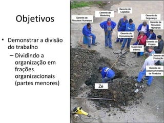 Objetivos

• Demonstrar a divisão
  do trabalho
   – Dividindo a
     organização em
     frações
     organizacionais
     (partes menores)
 
