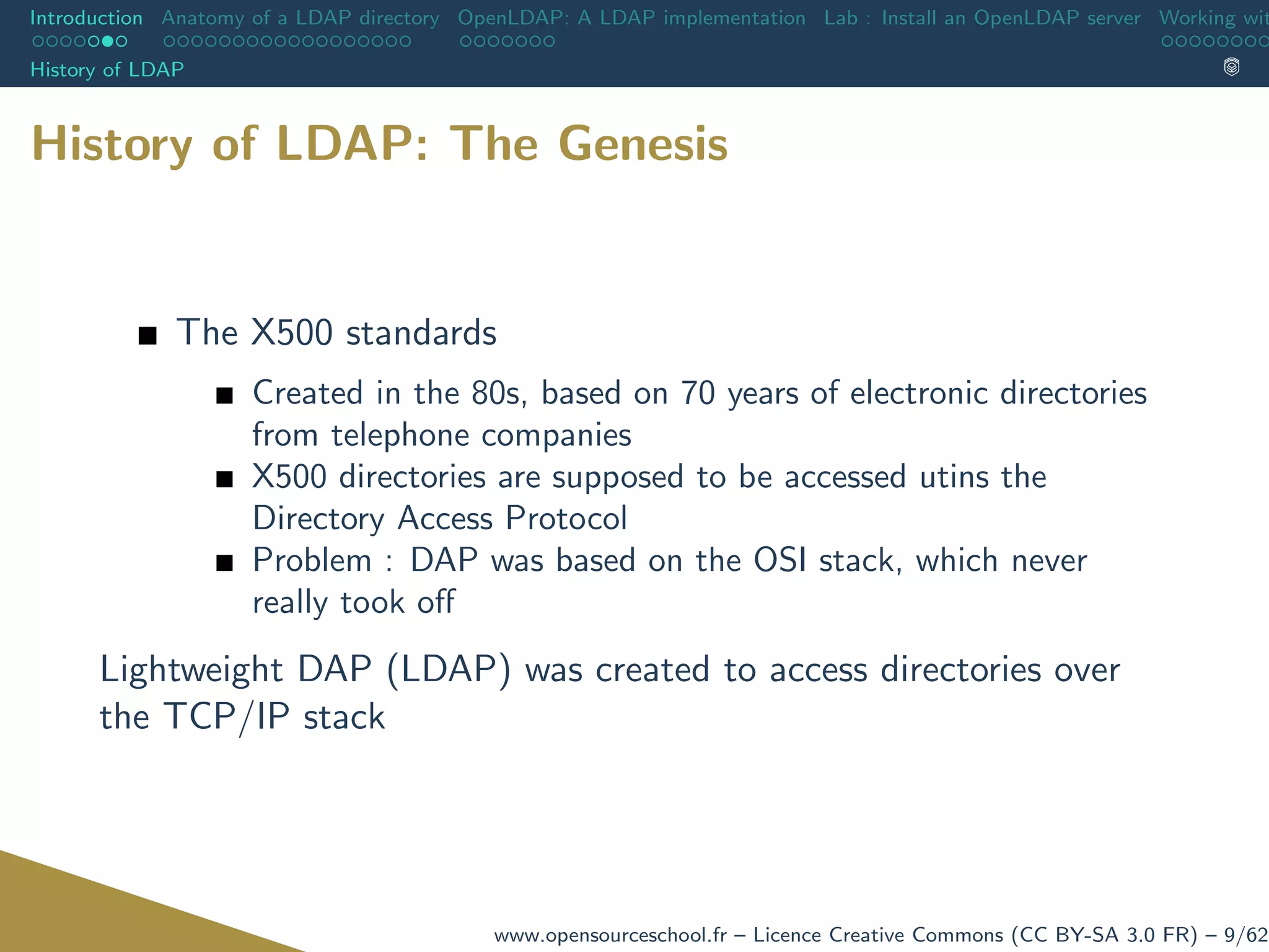 Introduction Anatomy of a LDAP directory OpenLDAP: A LDAP implementation Lab : Install an OpenLDAP server Working wit
History of LDAP
History of LDAP: The Genesis
The X500 standards
Created in the 80s, based on 70 years of electronic directories
from telephone companies
X500 directories are supposed to be accessed utins the
Directory Access Protocol
Problem : DAP was based on the OSI stack, which never
really took oﬀ
Lightweight DAP (LDAP) was created to access directories over
the TCP/IP stack
www.opensourceschool.fr – Licence Creative Commons (CC BY-SA 3.0 FR) – 9/62
 