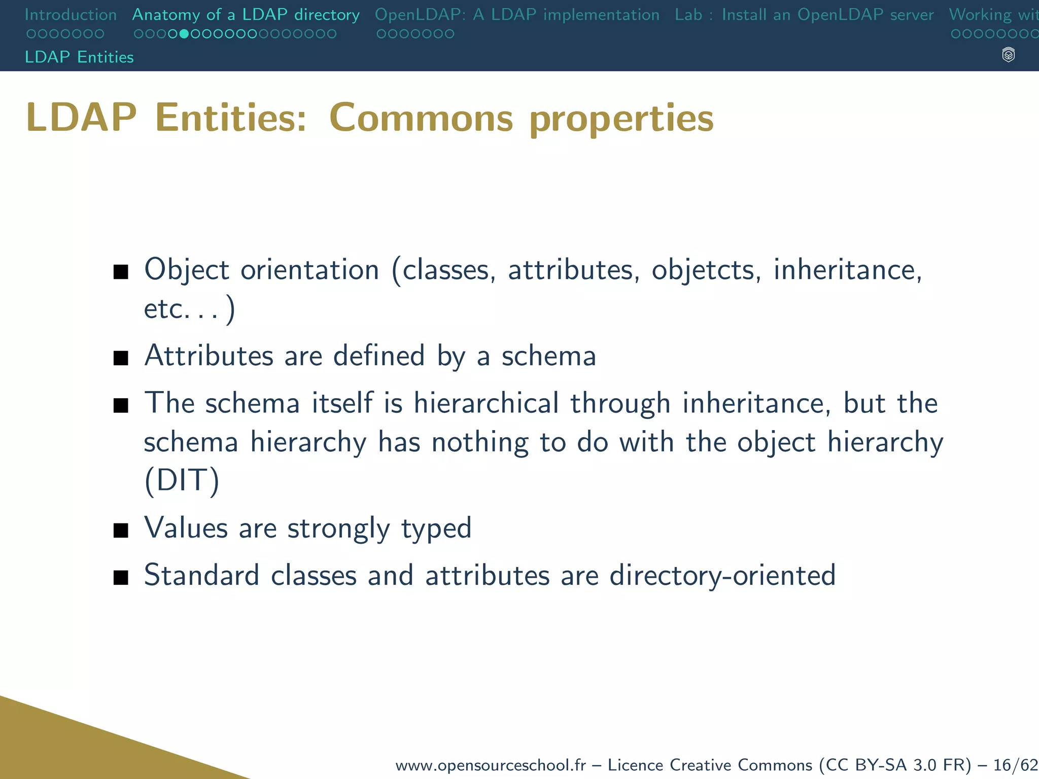 Introduction Anatomy of a LDAP directory OpenLDAP: A LDAP implementation Lab : Install an OpenLDAP server Working wit
LDAP Entities
LDAP Entities: Commons properties
Object orientation (classes, attributes, objetcts, inheritance,
etc. . . )
Attributes are deﬁned by a schema
The schema itself is hierarchical through inheritance, but the
schema hierarchy has nothing to do with the object hierarchy
(DIT)
Values are strongly typed
Standard classes and attributes are directory-oriented
www.opensourceschool.fr – Licence Creative Commons (CC BY-SA 3.0 FR) – 16/62
 