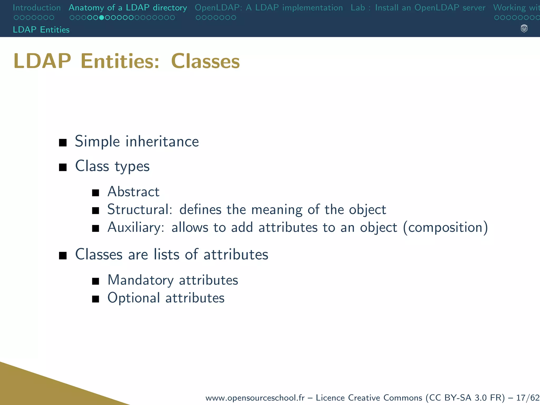 Introduction Anatomy of a LDAP directory OpenLDAP: A LDAP implementation Lab : Install an OpenLDAP server Working wit
LDAP Entities
LDAP Entities: Classes
Simple inheritance
Class types
Abstract
Structural: deﬁnes the meaning of the object
Auxiliary: allows to add attributes to an object (composition)
Classes are lists of attributes
Mandatory attributes
Optional attributes
www.opensourceschool.fr – Licence Creative Commons (CC BY-SA 3.0 FR) – 17/62
 