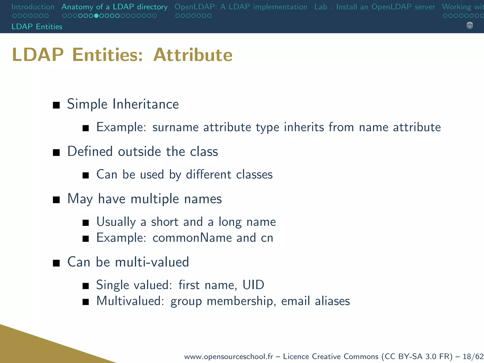 Introduction Anatomy of a LDAP directory OpenLDAP: A LDAP implementation Lab : Install an OpenLDAP server Working wit
LDAP Entities
LDAP Entities: Attribute
Simple Inheritance
Example: surname attribute type inherits from name attribute
Deﬁned outside the class
Can be used by diﬀerent classes
May have multiple names
Usually a short and a long name
Example: commonName and cn
Can be multi-valued
Single valued: ﬁrst name, UID
Multivalued: group membership, email aliases
www.opensourceschool.fr – Licence Creative Commons (CC BY-SA 3.0 FR) – 18/62
 