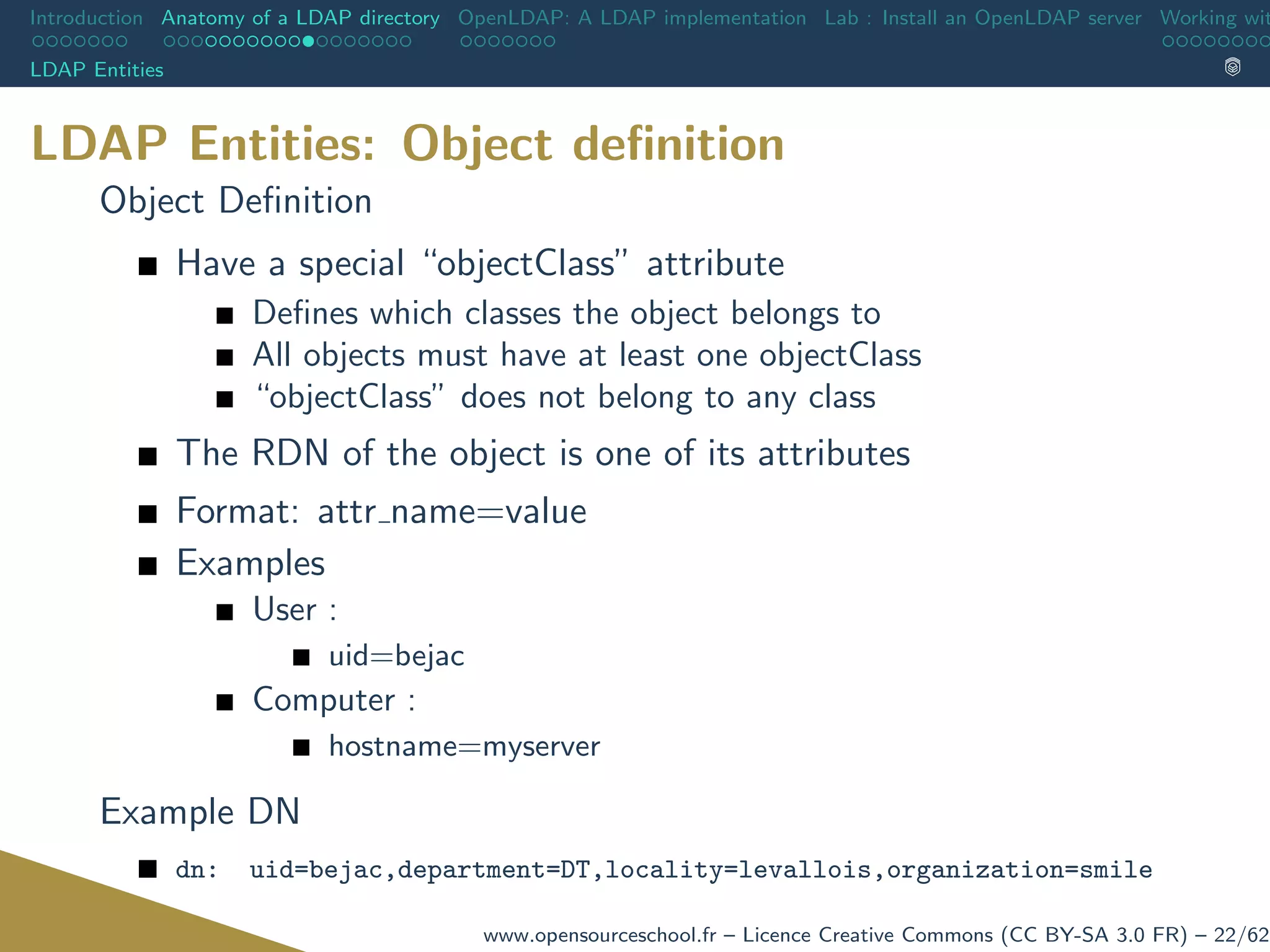 Introduction Anatomy of a LDAP directory OpenLDAP: A LDAP implementation Lab : Install an OpenLDAP server Working wit
LDAP Entities
LDAP Entities: Object deﬁnition
Object Deﬁnition
Have a special “objectClass” attribute
Deﬁnes which classes the object belongs to
All objects must have at least one objectClass
“objectClass” does not belong to any class
The RDN of the object is one of its attributes
Format: attr name=value
Examples
User :
uid=bejac
Computer :
hostname=myserver
Example DN
dn: uid=bejac,department=DT,locality=levallois,organization=smile
www.opensourceschool.fr – Licence Creative Commons (CC BY-SA 3.0 FR) – 22/62
 