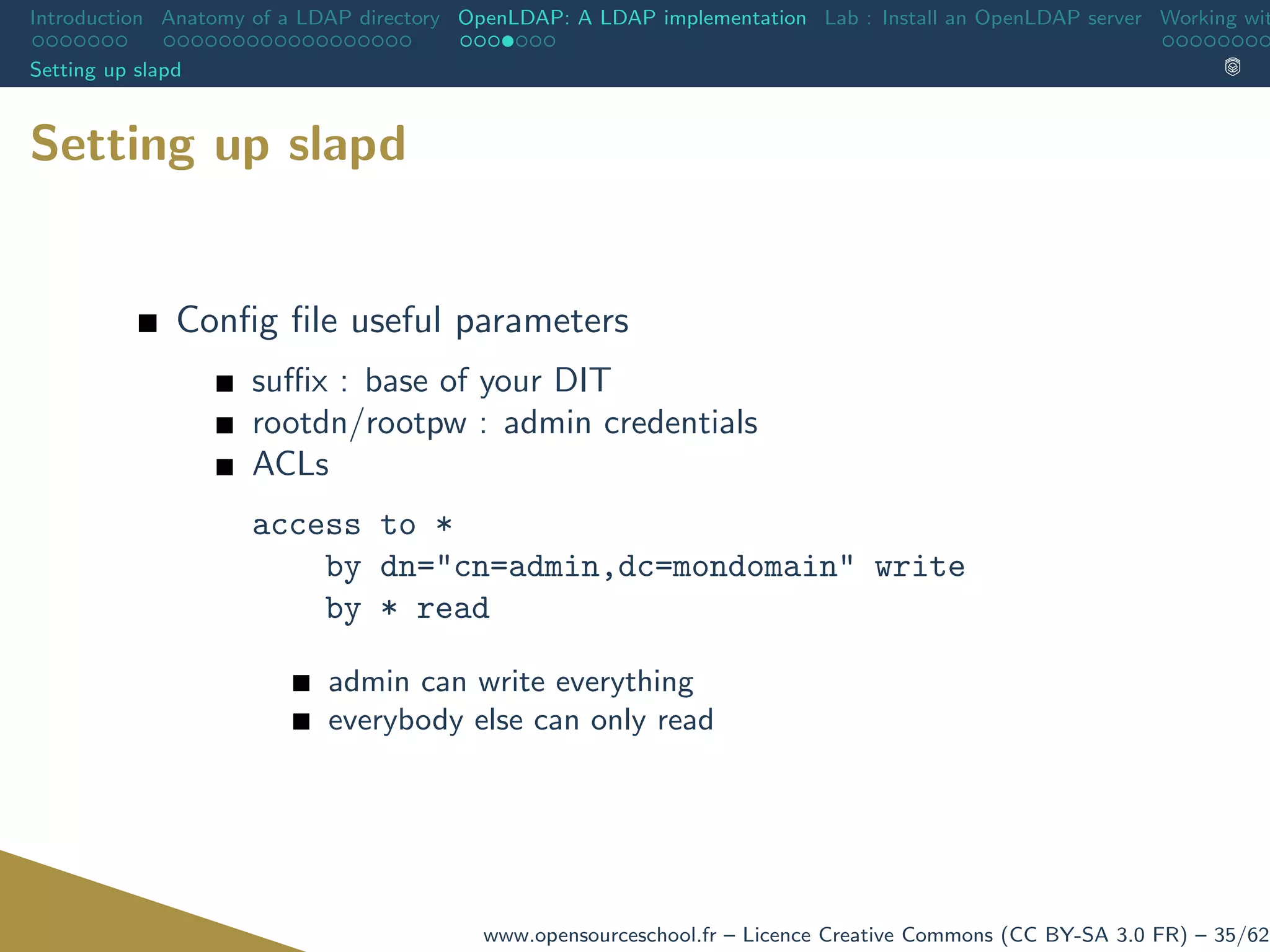 Introduction Anatomy of a LDAP directory OpenLDAP: A LDAP implementation Lab : Install an OpenLDAP server Working wit
Setting up slapd
Setting up slapd
Conﬁg ﬁle useful parameters
suﬃx : base of your DIT
rootdn/rootpw : admin credentials
ACLs
access to *
by dn="cn=admin,dc=mondomain" write
by * read
admin can write everything
everybody else can only read
www.opensourceschool.fr – Licence Creative Commons (CC BY-SA 3.0 FR) – 35/62
 