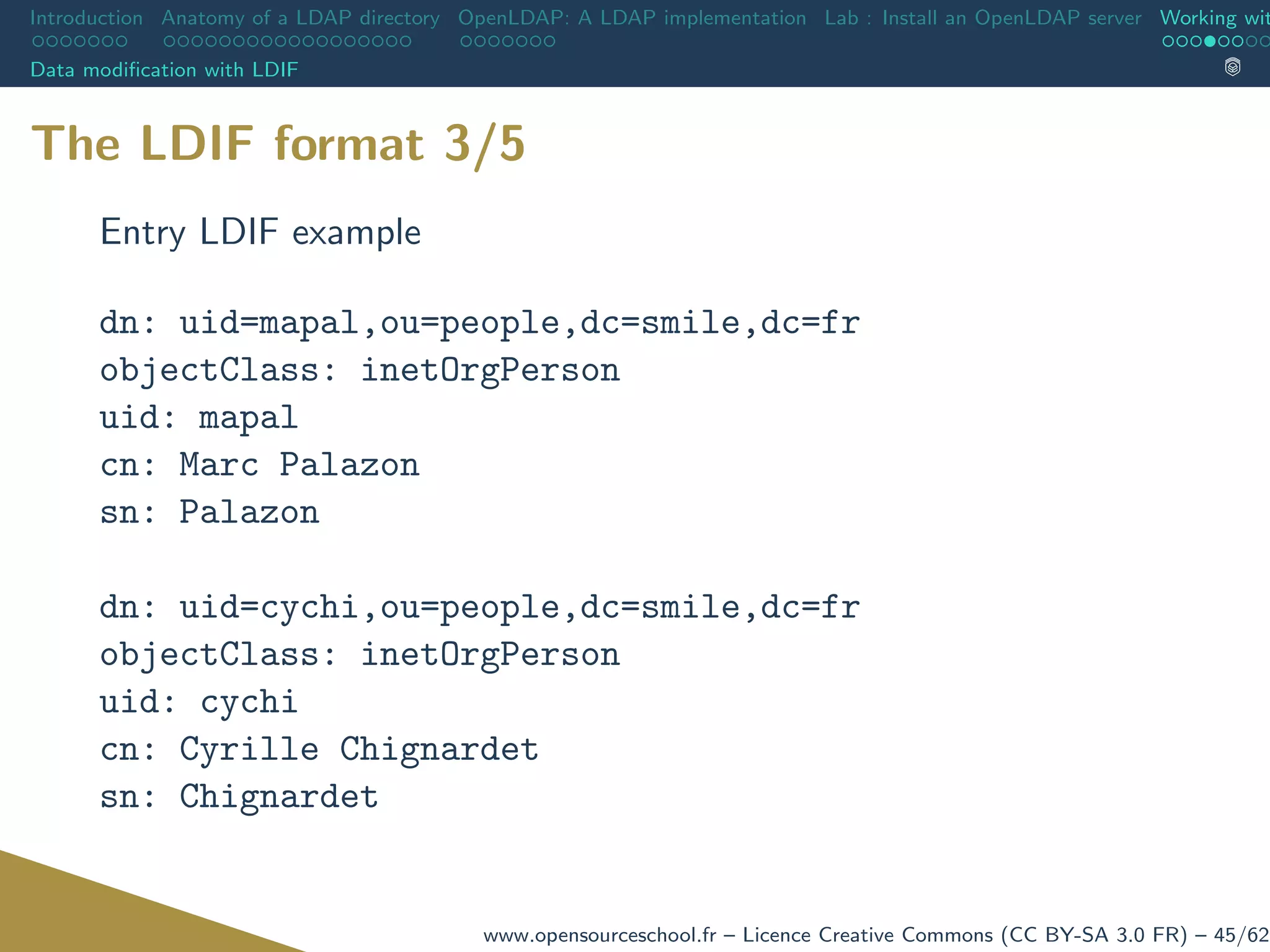 Introduction Anatomy of a LDAP directory OpenLDAP: A LDAP implementation Lab : Install an OpenLDAP server Working wit
Data modiﬁcation with LDIF
The LDIF format 3/5
Entry LDIF example
dn: uid=mapal,ou=people,dc=smile,dc=fr
objectClass: inetOrgPerson
uid: mapal
cn: Marc Palazon
sn: Palazon
dn: uid=cychi,ou=people,dc=smile,dc=fr
objectClass: inetOrgPerson
uid: cychi
cn: Cyrille Chignardet
sn: Chignardet
www.opensourceschool.fr – Licence Creative Commons (CC BY-SA 3.0 FR) – 45/62
 