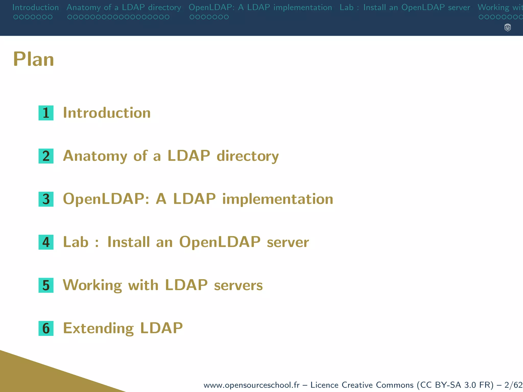 Introduction Anatomy of a LDAP directory OpenLDAP: A LDAP implementation Lab : Install an OpenLDAP server Working wit
Plan
1 Introduction
2 Anatomy of a LDAP directory
3 OpenLDAP: A LDAP implementation
4 Lab : Install an OpenLDAP server
5 Working with LDAP servers
6 Extending LDAP
www.opensourceschool.fr – Licence Creative Commons (CC BY-SA 3.0 FR) – 2/62
 
