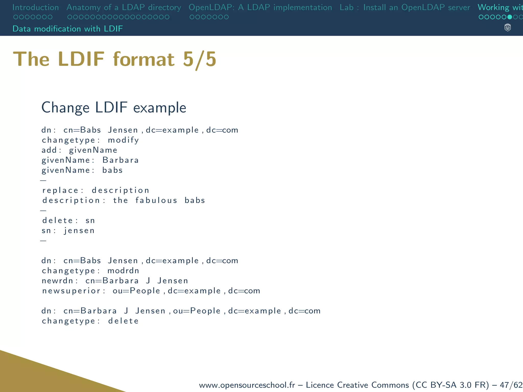 Introduction Anatomy of a LDAP directory OpenLDAP: A LDAP implementation Lab : Install an OpenLDAP server Working wit
Data modiﬁcation with LDIF
The LDIF format 5/5
Change LDIF example
dn : cn=Babs Jensen , dc=example , dc=com
changetype : modify
add : givenName
givenName : Barbara
givenName : babs
−
r e p l a c e : d e s c r i p t i o n
d e s c r i p t i o n : the f a b u l o u s babs
−
d e l e t e : sn
sn : j e n s e n
−
dn : cn=Babs Jensen , dc=example , dc=com
changetype : modrdn
newrdn : cn=Barbara J Jensen
newsuperior : ou=People , dc=example , dc=com
dn : cn=Barbara J Jensen , ou=People , dc=example , dc=com
changetype : d e l e t e
www.opensourceschool.fr – Licence Creative Commons (CC BY-SA 3.0 FR) – 47/62
 