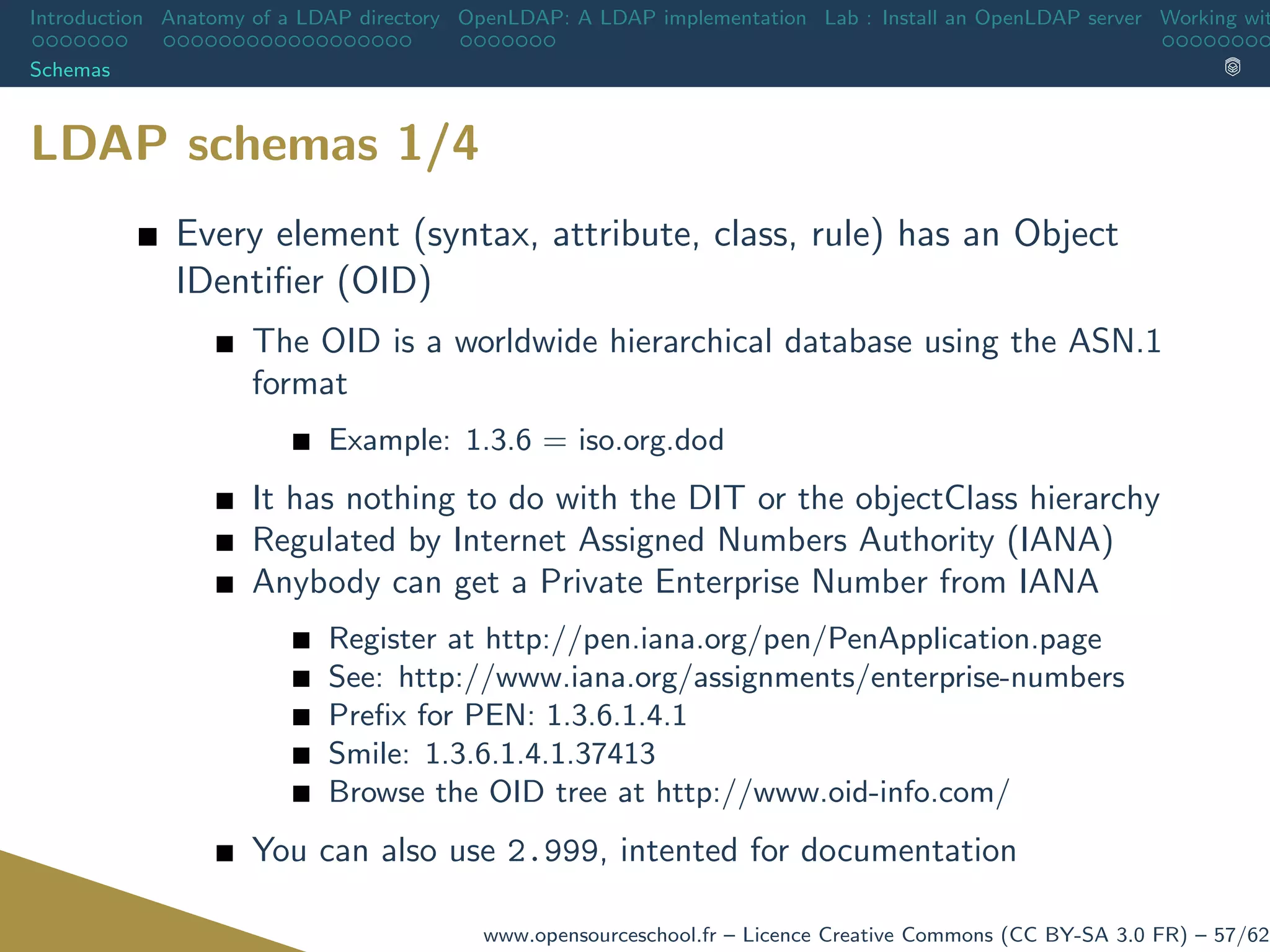 Introduction Anatomy of a LDAP directory OpenLDAP: A LDAP implementation Lab : Install an OpenLDAP server Working wit
Schemas
LDAP schemas 1/4
Every element (syntax, attribute, class, rule) has an Object
IDentiﬁer (OID)
The OID is a worldwide hierarchical database using the ASN.1
format
Example: 1.3.6 = iso.org.dod
It has nothing to do with the DIT or the objectClass hierarchy
Regulated by Internet Assigned Numbers Authority (IANA)
Anybody can get a Private Enterprise Number from IANA
Register at http://pen.iana.org/pen/PenApplication.page
See: http://www.iana.org/assignments/enterprise-numbers
Preﬁx for PEN: 1.3.6.1.4.1
Smile: 1.3.6.1.4.1.37413
Browse the OID tree at http://www.oid-info.com/
You can also use 2.999, intented for documentation
www.opensourceschool.fr – Licence Creative Commons (CC BY-SA 3.0 FR) – 57/62
 