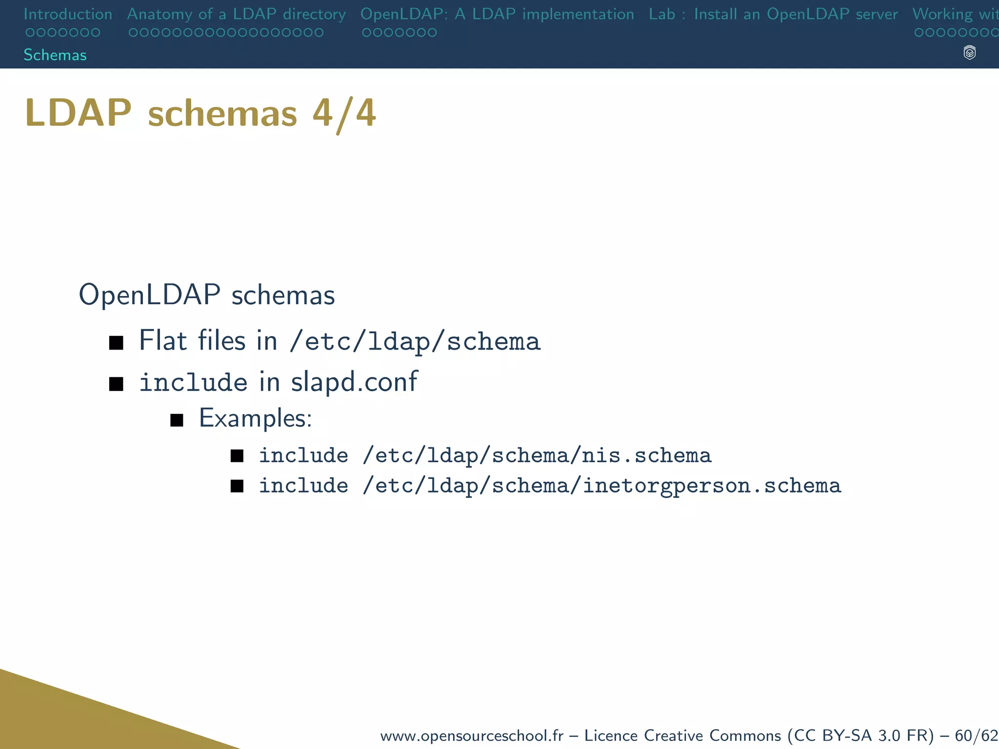 Introduction Anatomy of a LDAP directory OpenLDAP: A LDAP implementation Lab : Install an OpenLDAP server Working wit
Schemas
LDAP schemas 4/4
OpenLDAP schemas
Flat ﬁles in /etc/ldap/schema
include in slapd.conf
Examples:
include /etc/ldap/schema/nis.schema
include /etc/ldap/schema/inetorgperson.schema
www.opensourceschool.fr – Licence Creative Commons (CC BY-SA 3.0 FR) – 60/62
 
