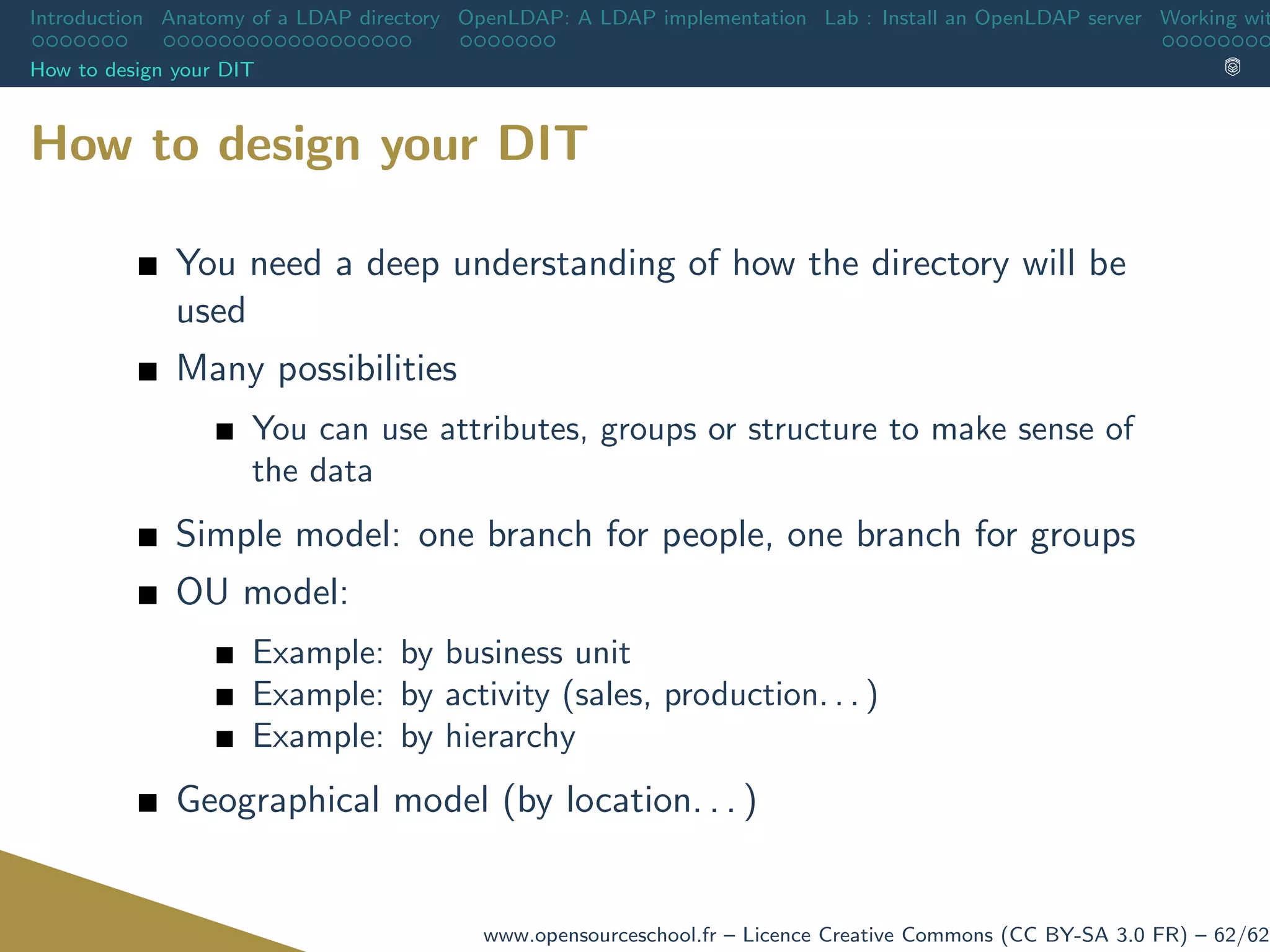 Introduction Anatomy of a LDAP directory OpenLDAP: A LDAP implementation Lab : Install an OpenLDAP server Working wit
How to design your DIT
How to design your DIT
You need a deep understanding of how the directory will be
used
Many possibilities
You can use attributes, groups or structure to make sense of
the data
Simple model: one branch for people, one branch for groups
OU model:
Example: by business unit
Example: by activity (sales, production. . . )
Example: by hierarchy
Geographical model (by location. . . )
www.opensourceschool.fr – Licence Creative Commons (CC BY-SA 3.0 FR) – 62/62
 
