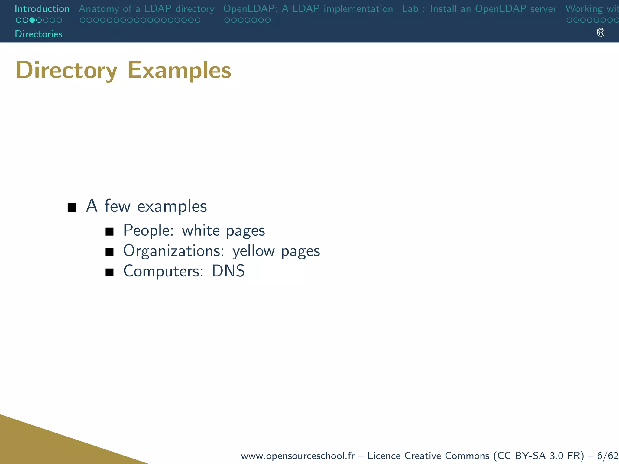 Introduction Anatomy of a LDAP directory OpenLDAP: A LDAP implementation Lab : Install an OpenLDAP server Working wit
Directories
Directory Examples
A few examples
People: white pages
Organizations: yellow pages
Computers: DNS
www.opensourceschool.fr – Licence Creative Commons (CC BY-SA 3.0 FR) – 6/62
 