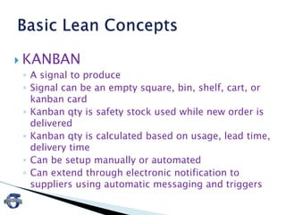  KANBAN
◦ A signal to produce
◦ Signal can be an empty square, bin, shelf, cart, or
kanban card
◦ Kanban qty is safety stock used while new order is
delivered
◦ Kanban qty is calculated based on usage, lead time,
delivery time
◦ Can be setup manually or automated
◦ Can extend through electronic notification to
suppliers using automatic messaging and triggers
 