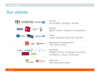 Our clients Tourism NH Hoteles, Iberostar, Rumbo Banking BBVA, Banco  Popular, Groupe Berri Health Capio Sanidad, Nycomed, Adeslas Management and organizations ICM, APD, Cedro Distribution Roberto Verino, Casbega Coca-Cola, Lo Mónaco, Venca, Shiito.com Other areas SAC-Iberdrola, Sidsa 