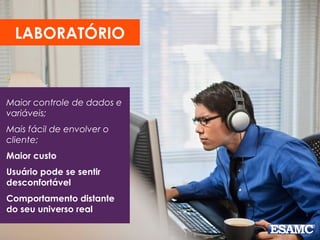 Maior controle de dados e
variáveis;
Mais fácil de envolver o
cliente;
Maior custo
Usuário pode se sentir
desconfortável
Comportamento distante
do seu universo real
LABORATÓRIO
 