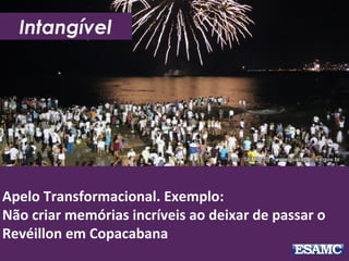 Apelo Transformacional. Exemplo:
Não criar memórias incríveis ao deixar de passar o
Revéillon em Copacabana
Intangível
 