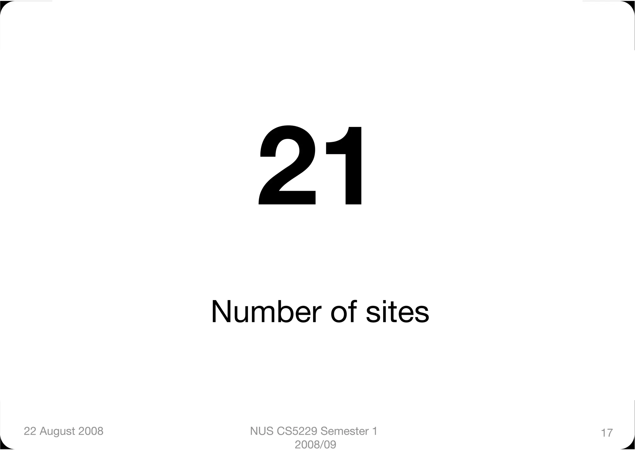 21
                  Number of sites


22 August 2008
     NUS CS5229 Semester 1   17
                          2008/09
 