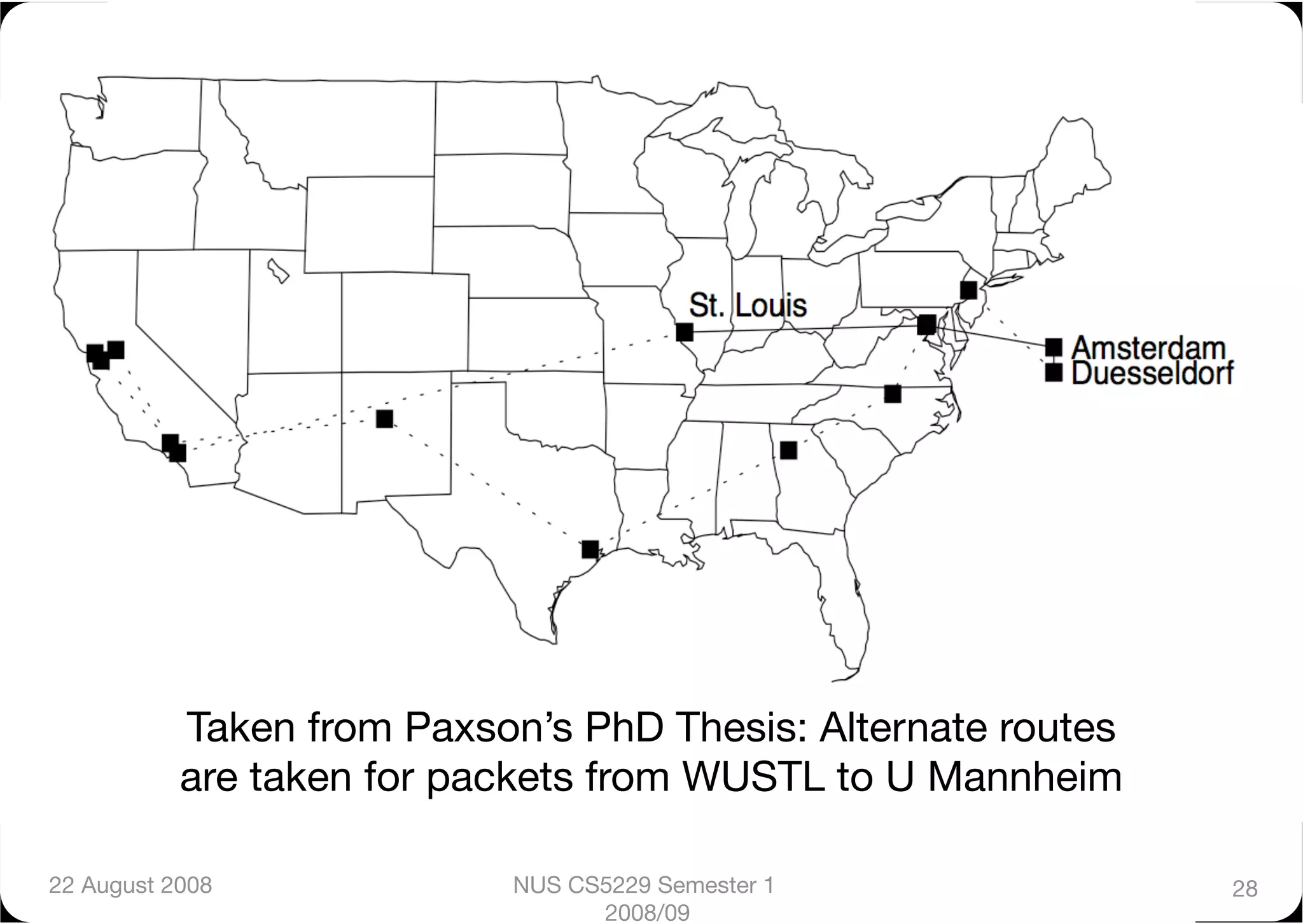 Taken from Paxson’s PhD Thesis: Alternate routes
           are taken for packets from WUSTL to U Mannheim

22 August 2008
            NUS CS5229 Semester 1              28
                                 2008/09
 