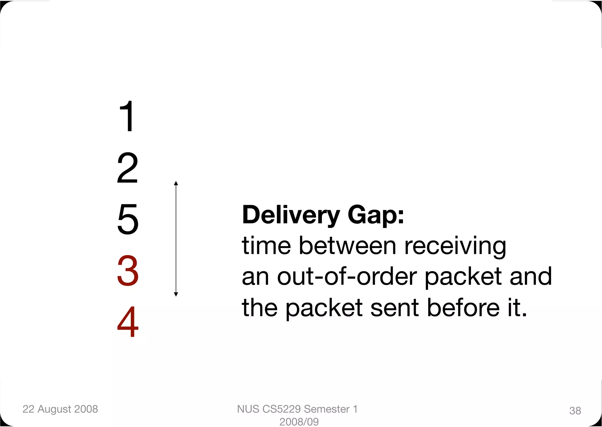 1
                  2
                  5
   Delivery Gap: "
                       time between receiving "
                  3
   an out-of-order packet and "
                       the packet sent before it. 
                  4
22 August 2008
        NUS CS5229 Semester 1          38
                             2008/09
 