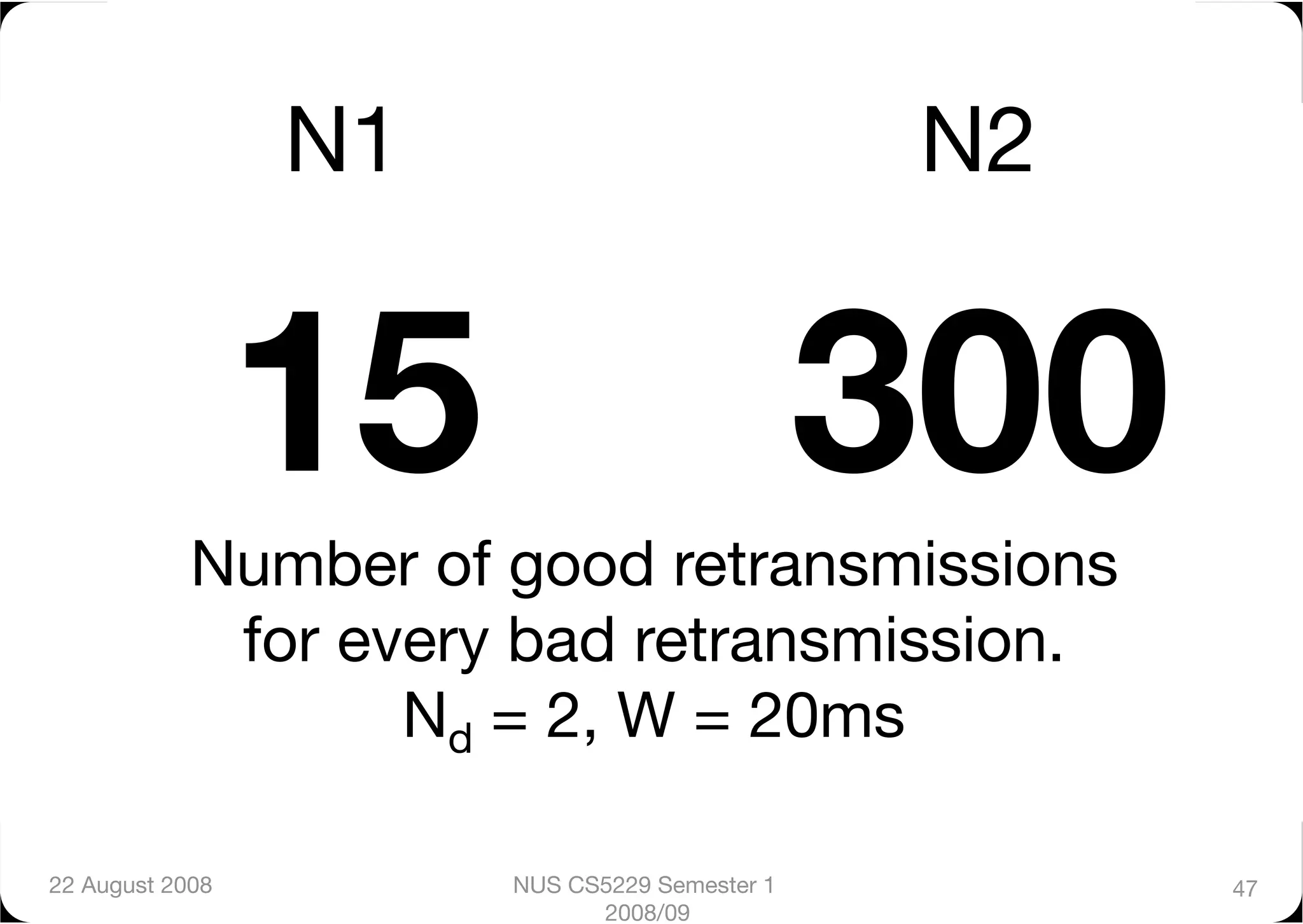 N1
                            N2


                  15
                           300
            Number of good retransmissions 
             for every bad retransmission.
                   Nd = 2, W = 20ms

22 August 2008
         NUS CS5229 Semester 1          47
                              2008/09
 