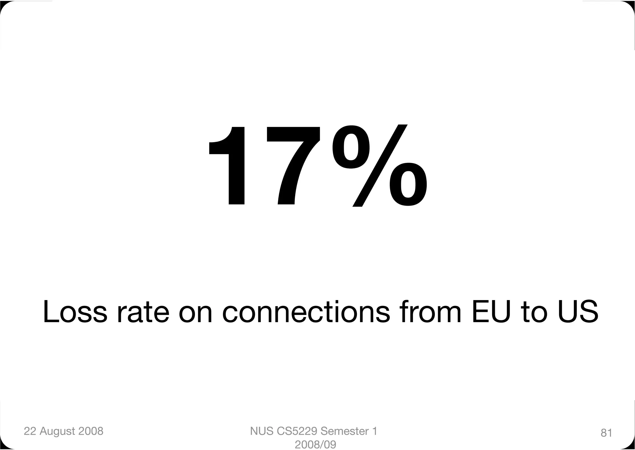17%
   Loss rate on connections from EU to US


22 August 2008
   NUS CS5229 Semester 1   81
                        2008/09
 