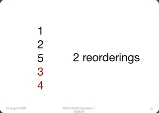 1
                  2
                  5
         2 reorderings
                  3
                  4
22 August 2008
        NUS CS5229 Semester 1   21
                             2008/09
 