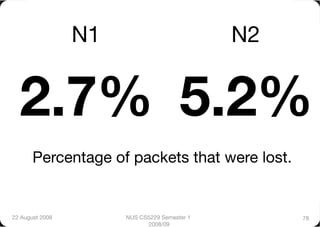 N1
                           N2


  2.7%
 5.2%
       Percentage of packets that were lost.


22 August 2008
         NUS CS5229 Semester 1         78
                              2008/09
 