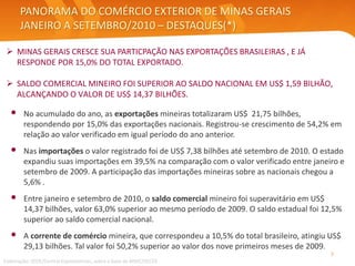 PANORAMA DO COMÉRCIO EXTERIOR DE MINAS GERAIS
JANEIRO A SETEMBRO/2010 – DESTAQUES(*)
• No acumulado do ano, as exportações mineiras totalizaram US$ 21,75 bilhões,
respondendo por 15,0% das exportações nacionais. Registrou-se crescimento de 54,2% em
relação ao valor verificado em igual período do ano anterior.
• Nas importações o valor registrado foi de US$ 7,38 bilhões até setembro de 2010. O estado
expandiu suas importações em 39,5% na comparação com o valor verificado entre janeiro e
setembro de 2009. A participação das importações mineiras sobre as nacionais chegou a
5,6% .
• Entre janeiro e setembro de 2010, o saldo comercial mineiro foi superavitário em US$
14,37 bilhões, valor 63,0% superior ao mesmo período de 2009. O saldo estadual foi 12,5%
superior ao saldo comercial nacional.
• A corrente de comércio mineira, que correspondeu a 10,5% do total brasileiro, atingiu US$
29,13 bilhões. Tal valor foi 50,2% superior ao valor dos nove primeiros meses de 2009.
 MINAS GERAIS CRESCE SUA PARTICPAÇÃO NAS EXPORTAÇÕES BRASILEIRAS , E JÁ
RESPONDE POR 15,0% DO TOTAL EXPORTADO.
 SALDO COMERCIAL MINEIRO FOI SUPERIOR AO SALDO NACIONAL EM US$ 1,59 BILHÃO,
ALCANÇANDO O VALOR DE US$ 14,37 BILHÕES.
Elaboração: SEDE/Central Exportaminas, sobre a base de MDIC/SECEX
3
 