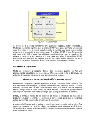 Análise SWOT
                                      INTERNA


                                 2               3           Oportunidades
                             Capitalizar      Melhorar


                   EXTERNA      4                1           Ameaças
                             Monitorar        Eliminar

                             Pontos Fortes   Pontos Fracos
                                  Figura 4 – Análise SWOT

A mudança é a única constante em qualquer negócio, setor, mercado...
Mudança constante significa que a análise SWOT não pode ser feita uma única
vez; é preciso rever a matriz regularmente à medida que seus concorrentes
crescem e o ambiente à sua volta muda. A análise SWOT é uma ferramenta
extremamente útil e deve ser utilizada continuamente com o objetivo de
clarear o caminho a ser seguido e o que deve ser feito. A estratégia SWOT
resume-se em eliminar os pontos fracos em áreas onde existem riscos e
fortalecer os pontos fortes em áreas onde se identificam oportunidades.


4.5 Metas e Objetivos

Muito se confunde a respeito destes dois conceitos quando se faz um
planejamento estratégico do negócio. A diferença entre Meta e Objetivo, no
entanto, é bastante clara como será apresentada a seguir.

           Quem precisa de metas afinal? Por que ter metas?

Poderíamos responder a estas perguntas apenas com uma frase clássica: “se
não sei onde quero chegar, qualquer caminho é um caminho válido”. É isso
mesmo. Quando não se tem uma definição clara das metas de um negócio
tanto a longo como a curto prazo, de nada adianta fazer-se um planejamento
estratégico, por mais completo que seja, pois qualquer caminho é idêntico.

Então, a principal razão de se escrever as metas e objetivos do negócio é
procurar adequar e orientar o caminho a ser seguido para que a empresa
esteja cumprindo sua missão em direção à sua visão.

A principal diferença entre metas e objetivos é que a meta indica intenções
gerais da empresa e o caminho básico para chegar ao destino que você deseja.
Já os objetivos são as ações específicas mensuráveis que constituem os passos
para se atingir a meta.
 