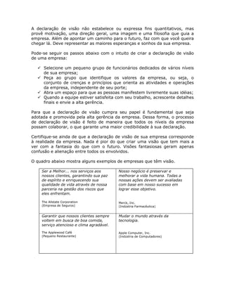 A declaração de visão não estabelece ou expressa fins quantitativos, mas
provê motivação, uma direção geral, uma imagem e uma filosofia que guia a
empresa. Além de apontar um caminho para o futuro, faz com que você queira
chegar lá. Deve representar as maiores esperanças e sonhos da sua empresa.

Pode-se seguir os passos abaixo com o intuito de criar a declaração de visão
de uma empresa:

     Selecione um pequeno grupo de funcionários dedicados de vários níveis
     de sua empresa;
     Peça ao grupo que identifique os valores da empresa, ou seja, o
     conjunto de crenças e princípios que orienta as atividades e operações
     da empresa, independente de seu porte;
     Abra um espaço para que as pessoas manifestem livremente suas idéias;
     Quando a equipe estiver satisfeita com seu trabalho, acrescente detalhes
     finais e envie a alta gerência.

Para que a declaração de visão cumpra seu papel é fundamental que seja
adotada e promovida pela alta gerência da empresa. Dessa forma, o processo
de declaração de visão é feito de maneira que todos os níveis da empresa
possam colaborar, o que garante uma maior credibilidade à sua declaração.

Certifique-se ainda de que a declaração de visão de sua empresa corresponde
à realidade da empresa. Nada é pior do que criar uma visão que tem mais a
ver com a fantasia do que com o futuro. Visões fantasiosas geram apenas
confusão e alienação entre todos os envolvidos.

O quadro abaixo mostra alguns exemplos de empresas que têm visão.

    Ser a Melhor... nos serviços aos       Nosso negócio é preservar e
    nossos clientes, garantindo sua paz    melhorar a vida humana. Todas a
    de espírito e enriquecendo sua         nossas ações devem ser avaliadas
    qualidade de vida através de nossa     com base em nosso sucesso em
    parceria na gestão dos riscos que      lograr esse objetivo.
    eles enfrentam.

    The Allstate Corporation               Merck, Inc.
    (Empresa de Seguros)                   (Indústria Farmacêutica)


    Garantir que nossos clientes sempre    Mudar o mundo através da
    voltem em busca de boa comida,         tecnologia.
    serviço atencioso e clima agradável.
    The Applewood Café                     Apple Computer, Inc.
    (Pequeno Restaurante)                  (Indústria de Computadores)
 