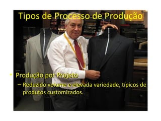 Tipos de Processo de Produção




• Produção por Projeto
  – Reduzido volume e elevada variedade, típicos de
    produtos customizados.
 