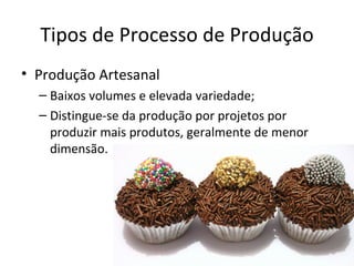 Tipos de Processo de Produção
• Produção Artesanal
  – Baixos volumes e elevada variedade;
  – Distingue-se da produção por projetos por
    produzir mais produtos, geralmente de menor
    dimensão.
 