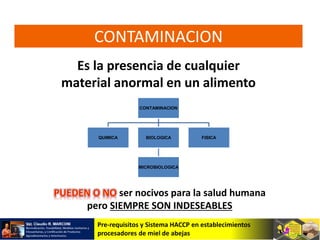 Pre-requisitos y Sistema HACCP en establecimientos
procesadores de miel de abejas
CONTAMINACION
QUIMICA BIOLOGICA
MICROBIOLOGICA
FISICA
CONTAMINACION
Es la presencia de cualquier
material anormal en un alimento
ser nocivos para la salud humana
pero SIEMPRE SON INDESEABLES
 