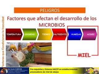 Pre-requisitos y Sistema HACCP en establecimientos
procesadores de miel de abejas
Factores que afectan el desarrollo de los
MICROBIOS
TEMPERATURA TIEMPOOXIGENO ACIDEZHUMEDADNUTRIENTES
PELIGROS
MIEL
 