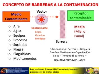 Pre-requisitos y Sistema HACCP en establecimientos
procesadores de miel de abejas
Filtro sanitario - Sectores – Limpieza
Diseño - Vestimenta – Capacitación
Salud - Tiempos de carencia –
BPA-BPM-POES-MIP-HACCP
Barrera
Medio
(Miel o
Panal)
Contaminante
Vector
Medio
Contaminante
Receptor
contaminable
Físico
Químico
Biológico
o Aire
o Agua
o Equipos
o Procesos
o Suciedad
o Plagas
o Plaguicidas
o Medicamentos
CONCEPTO DE BARRERAS A LA CONTAMINACION
 