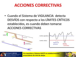 Pre-requisitos y Sistema HACCP en establecimientos
procesadores de miel de abejas
ACCIONES CORRECTIVAS
• Cuando el Sistema de VIGILANCIA detecta
DESVÍOS con respecto a los LÍMITES CRÍTICOS
establecidos, es cuando deben tomarse
ACCIONES CORRECTIVAS
 