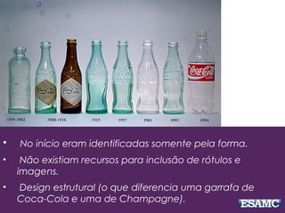 • No início eram identificadas somente pela forma.
• Não existiam recursos para inclusão de rótulos e
imagens.
• Design estrutural (o que diferencia uma garrafa de
Coca-Cola e uma de Champagne).
 