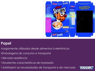 Papel
•Largamente utilizadas desde alimentos à eletrônicos
•Embalagens de consumo e transporte
• Elevada resistência
• Excelentes características de impressão
• Satisfazem as necessidades de transporte e de mercado
 