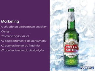 Marketing
A criação da embalagem envolve:
•Design
•Comunicação Visual
•O comportamento do consumidor
•O conhecimento da indústria
•O conhecimento da distribuição
 