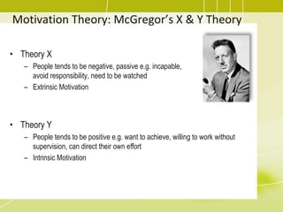 Motivation Theory: McGregor’s X & Y TheoryTheory XPeople tends to be negative, passive e.g. incapable, avoid responsibility, need to be watchedExtrinsic MotivationTheory Y