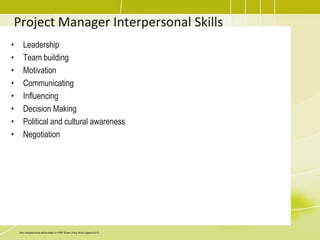 PM Responsibilities (PMI-ism)Determine what resources you will needNegotiate with resource manager for optimal available resourcesCreate a project team directoryCreate project job descriptions for team members and other stakeholdersMake sure all roles and responsibilities on the project are clearly assignedUnderstand team members’ needs for training related to their work on the project, and make sure they get the training.Insert reports of team members’ performanceSend out letters of commendation to team members and their bossesMake sure team members’ needs are taken care ofCreate recognition & rewards system
