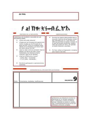 de Vida.
SÍNTESIS DE LA REFLEXIÓN
CONDÚCELA DE ACUERDO A ALGUNAS DE LAS
SIGUIENTES IDEAS:
• ¿Cómo es la vida nocturna?
• ¿Cuáles son los Principios de la gente de la
noche? ¿Cuáles son los Principios de la
gente del día? ¿Cómo se comparan estos
valores con la Promesa y Ley Scout ¿Qué
son estos valores hoy día?
• ¿Qué es nadar contra la corriente? ¿Qué es
adoptar una Norma de Vida? ¿Cómo
transmitirla a los Jóvenes en forma
vivencial? ¿Qué es ser ejemplo?
• ¿Cuál es la Mística de un joven?
- 16 821 años - muchachas -
- 17 a 21 años - muchachos -
• Permite la participación y opiniones de los
asistentes.
OBSERVACIONES
• De entre los lugares seleccionados para la
excursión nocturna de los Equipos, existen
dos (marcados con un *) que será muy
difícil que permitan el Ingreso a damas. En
el caso de Scouters Femeninas, sustituir
estos dos puntos por otros; por ejemplo:
un centro nocturno y una disco.
• Por favor utiliza tu Imaginación e iniciativa
para mejorar esta idea.
EXPERIENCIAS AL APLICAR ESTA ACTIVIDAD
Fecha Comentarios, resultados, modificaciones
ENCUENTRO 9
Agradecemos que después de escribir tus
experiencias en un recuadro parecido a
este, lo fotocopies y envíes a la Oficina
Nacional; indicando al reverso tu nombre,
cargo, Grupo/Distrito/Provincia al (la) que
perteneces y dirección completa.
 