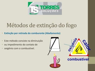 Métodos de extinção do fogo
• Extinção por retirada do comburente (Abafamento)
• Este método consiste na diminuição
• ou impedimento do contato de
• oxigênio com o combustível.
combustível
 